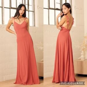 NWT Lulus Meteoric Rise Rusty Rose Maxi Dress Ruffle Strap Button Back Size S